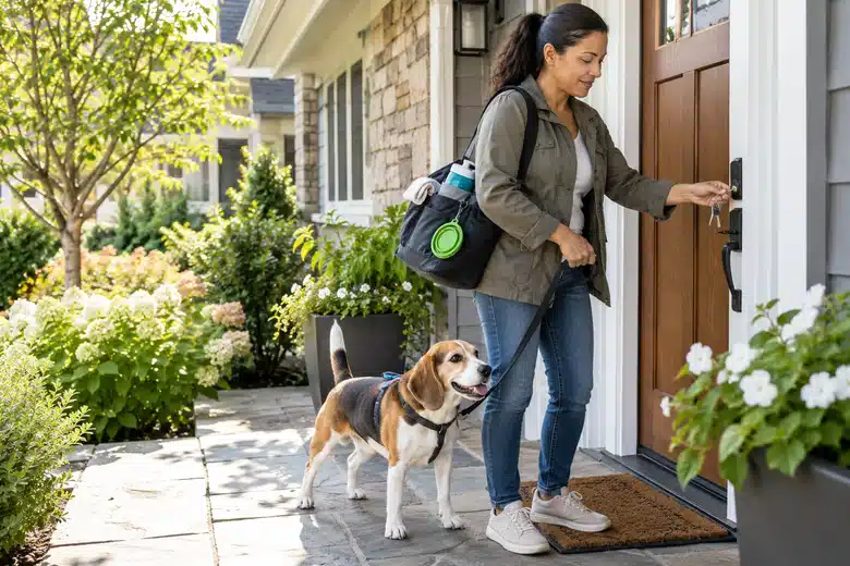 A pet sitter arrives at a client doorway with a leashed beagle