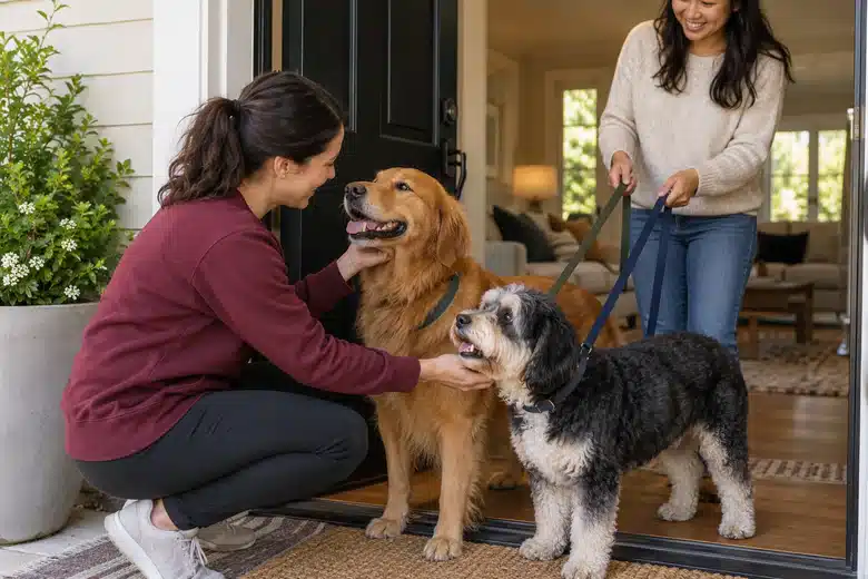 Pet sitter greeting two calm leashed dogs at a home entrance
