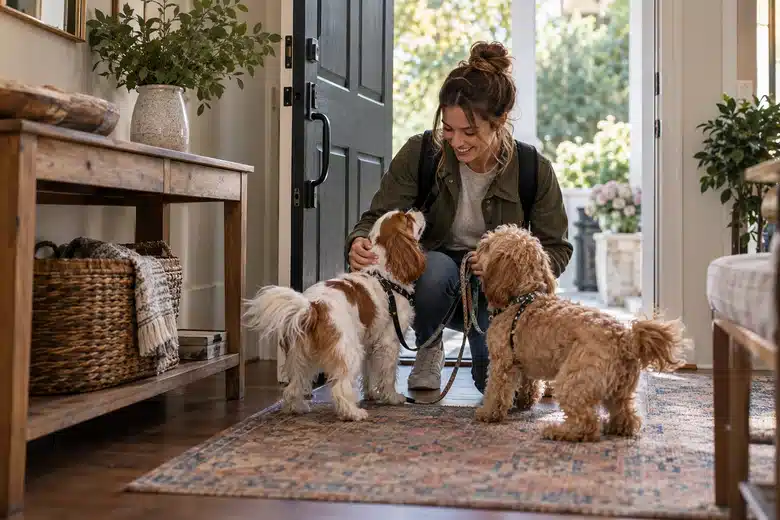 Pet sitter greeting two dogs at a home entrance