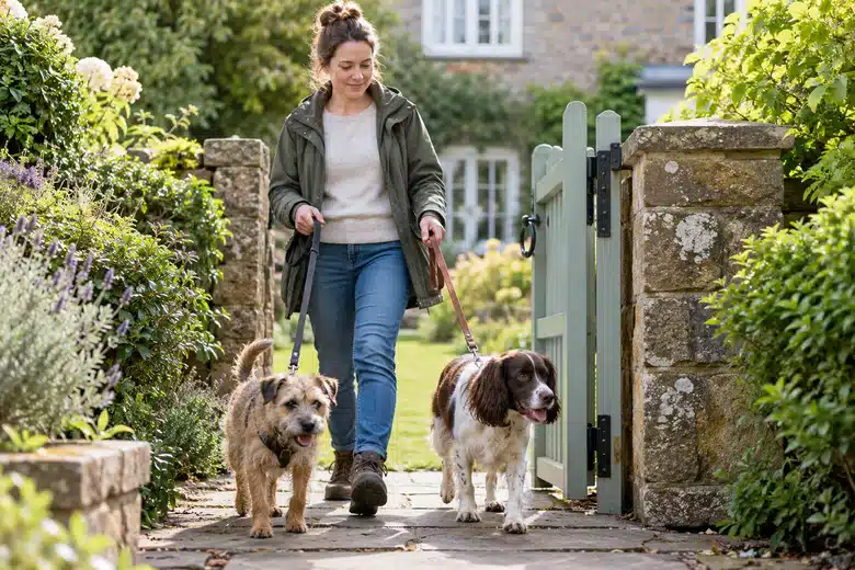 Pet sitter safely walking two dogs through a garden gate