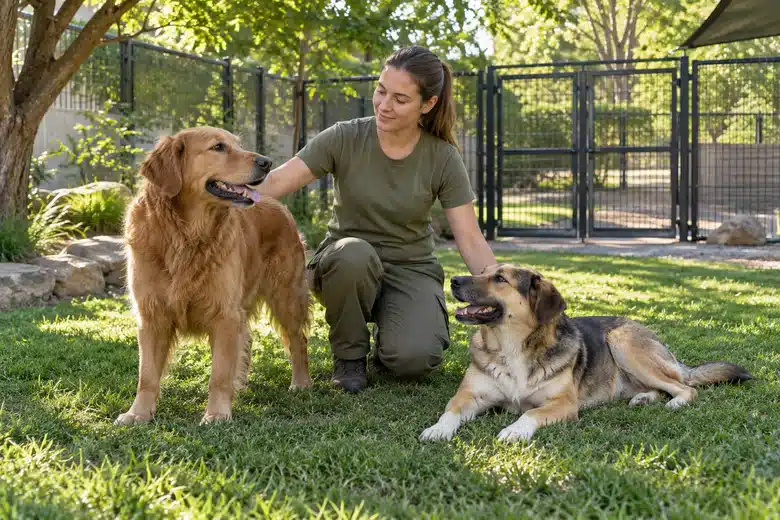 Boarding attendant supervising two relaxed dogs in a shaded secure play yard