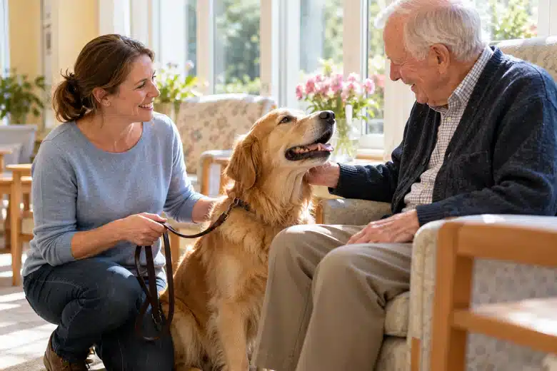 Handler supervising a dog greeting an older adult