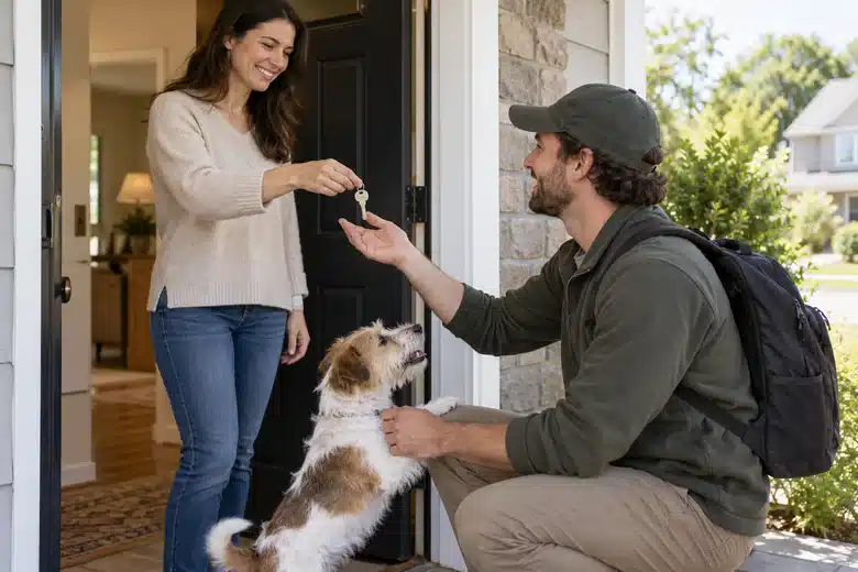 Pet sitter receiving a plain house key while greeting a terrier at a doorway