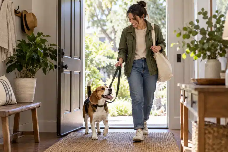 Pet sitter entering a home with a beagle and plain keys