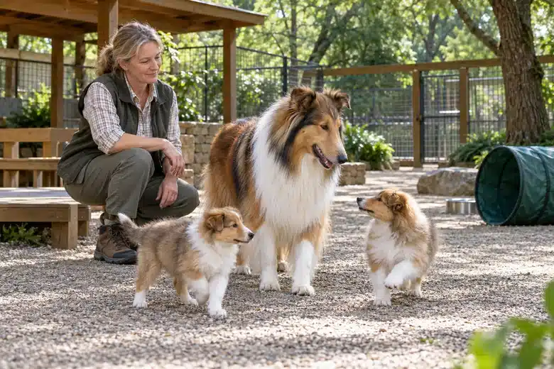 Breeder observing an adult collie and two puppies in a shaded fenced yard