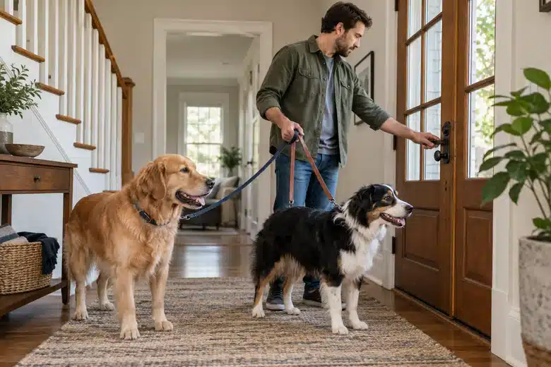 Pet sitter checking a front door while holding two dogs on separate leashes