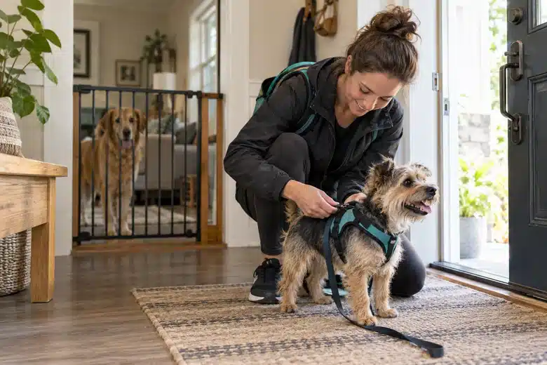 Pet sitter fitting a terrier harness at a client’s entrance