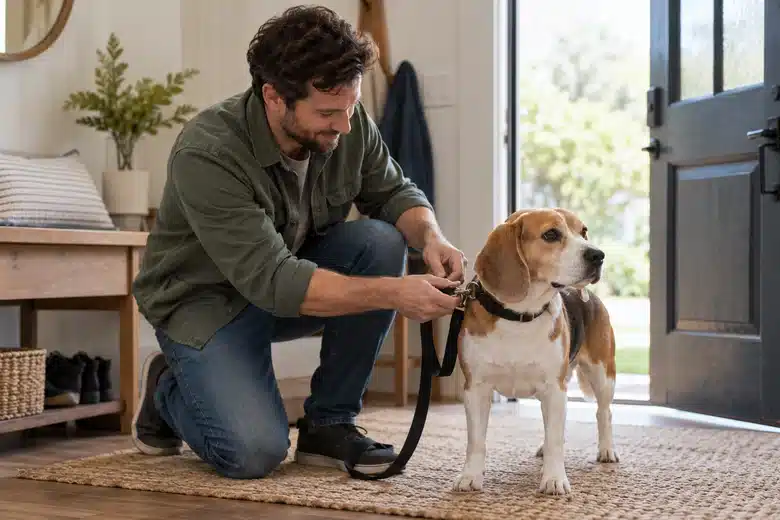 Pet sitter attaching a plain leash to a beagle at a home entrance