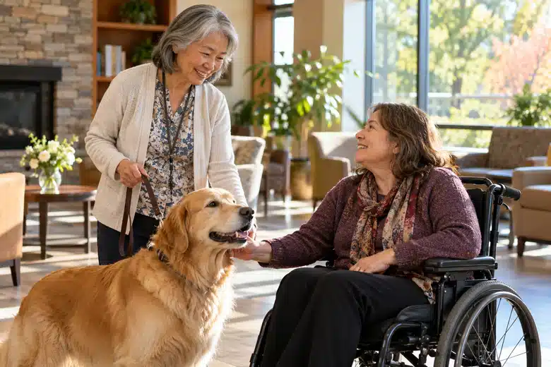 An older volunteer with a golden retriever visiting an adult wheelchair user