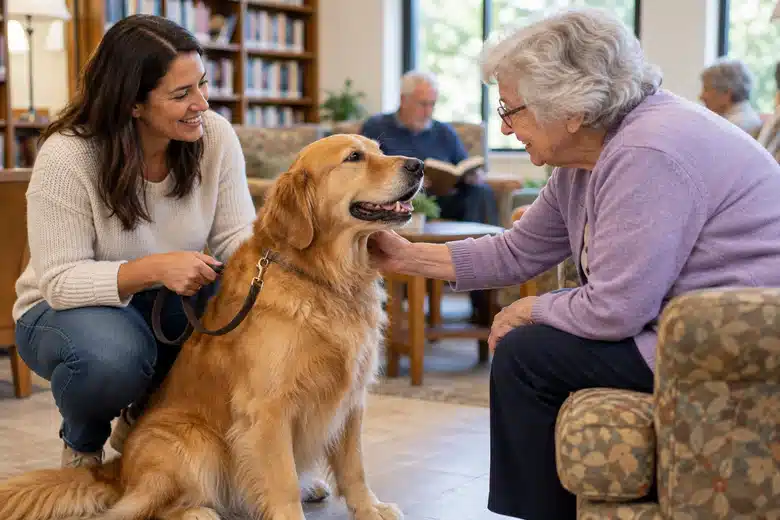 Volunteer with golden retriever greeting an older adult in a community lounge