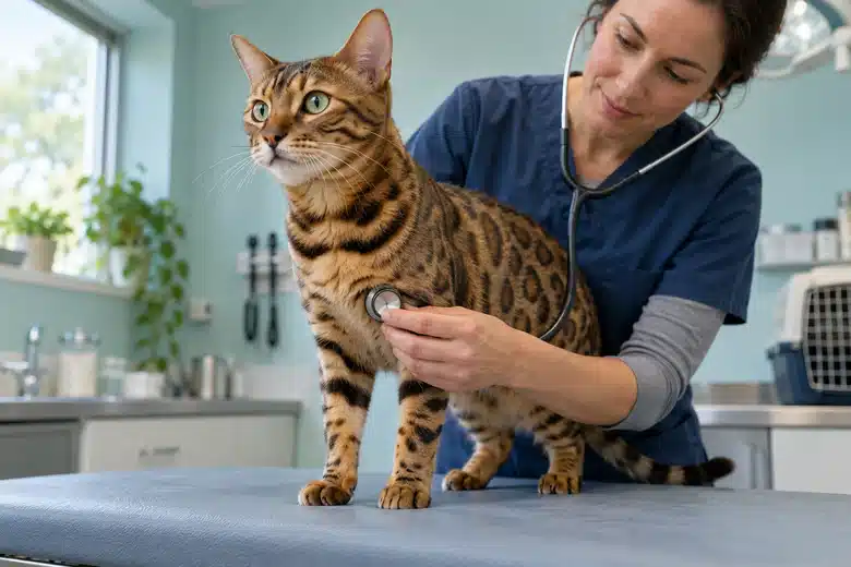 Rosetted Bengal cat calmly examined in a veterinary clinic
