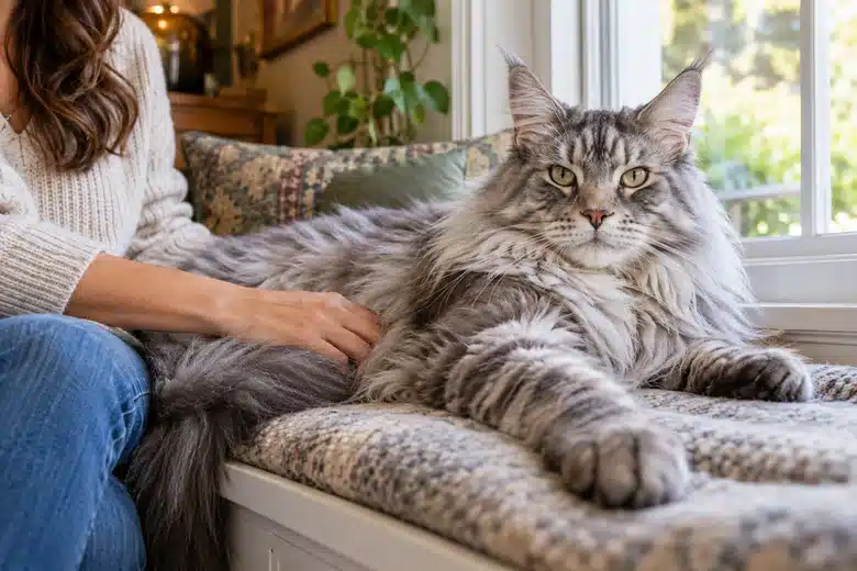 Large silver long-haired domestic cat resting on a window seat beside an owner