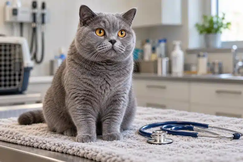 Blue British Shorthair with amber eyes resting on a veterinary examination blanket