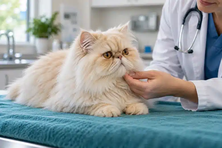 Cream Persian cat on a teal examination blanket beside a veterinarian