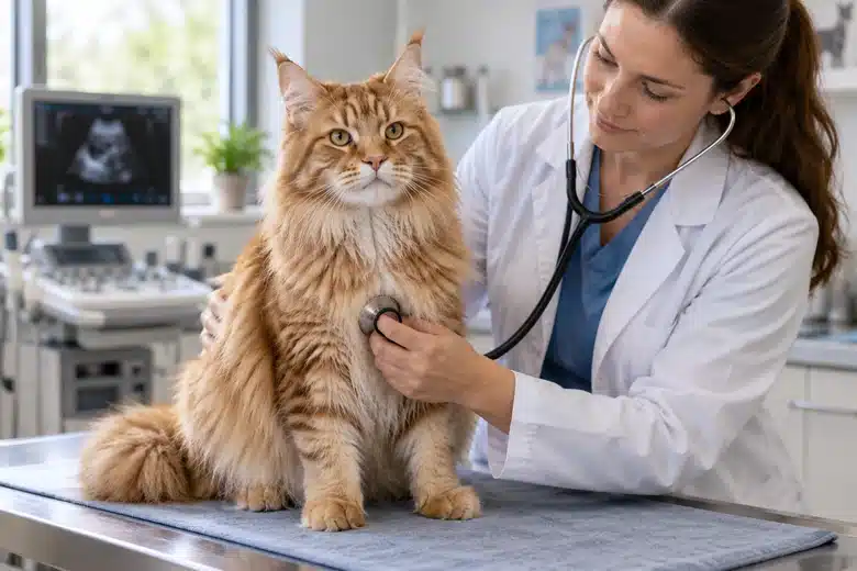 Long-haired Maine Coon cat examined with a stethoscope in a veterinary clinic