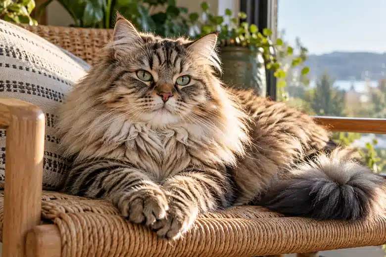 Long-haired Siberian cat resting on a woven chair beside a bright window