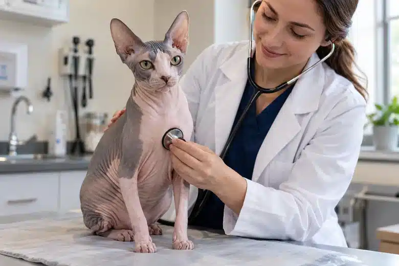 Veterinarian listening to a Sphynx cat’s chest during an examination