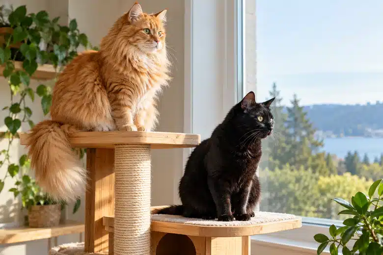 Orange longhair and black shorthair cats sitting on separate shelves near a window