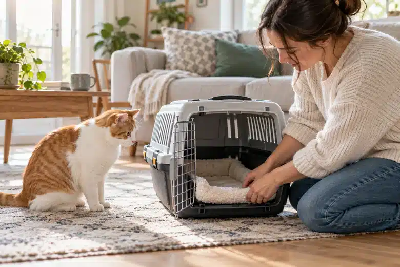 Cat beside an open travel carrier in a morning-lit living room