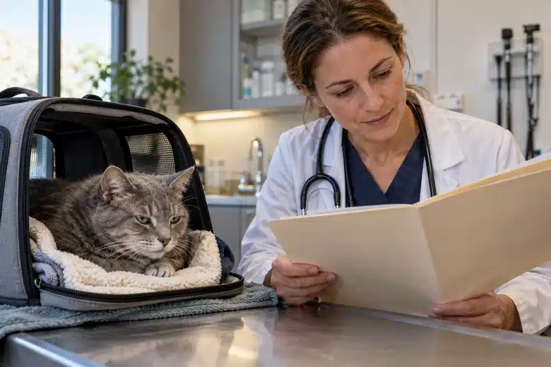 Gray cat in padded carrier during veterinary record review