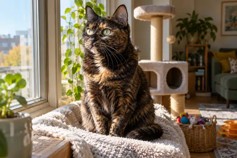 Tortoiseshell indoor cat resting on a secure sunlit window perch