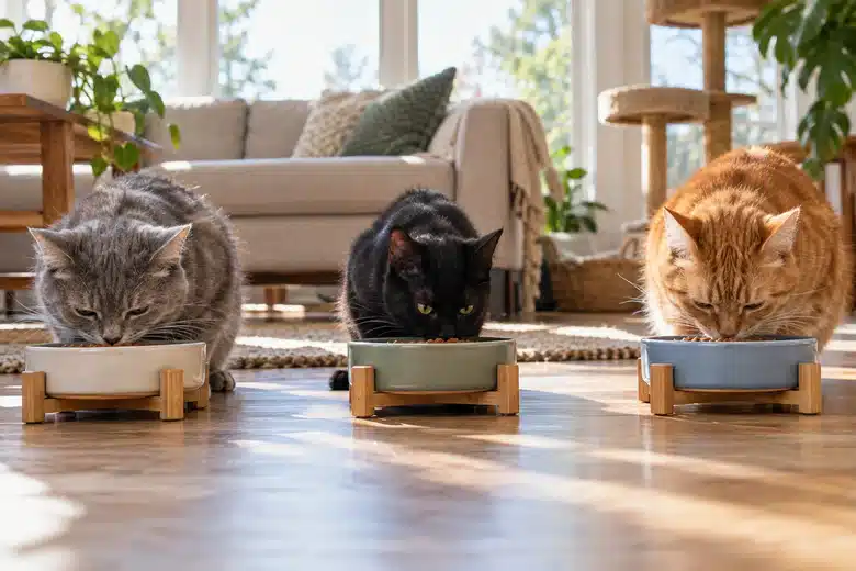 Three cats eat at separate feeding stations in a bright home