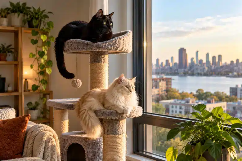 Black and cream cats resting on separate platforms of a cat tree by a window