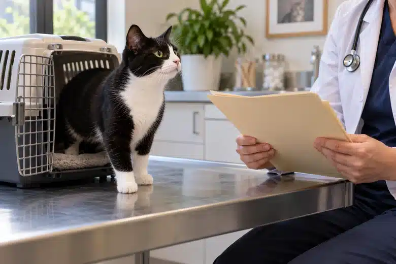 Tuxedo cat beside its carrier in a calm veterinary consultation room
