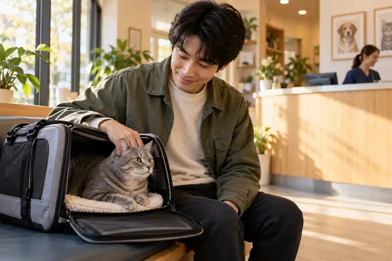 Cat owner with a grey cat resting in an open carrier at veterinary reception