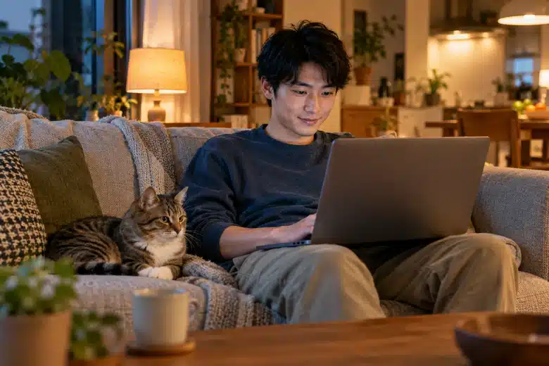 Man researching on a laptop with a tabby cat resting beside him