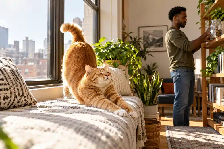Orange tabby stretching beside a sunny window with an owner near houseplants