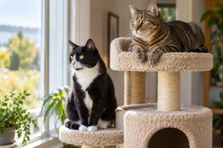 A tuxedo cat and a tabby resting on different levels of a cat tree