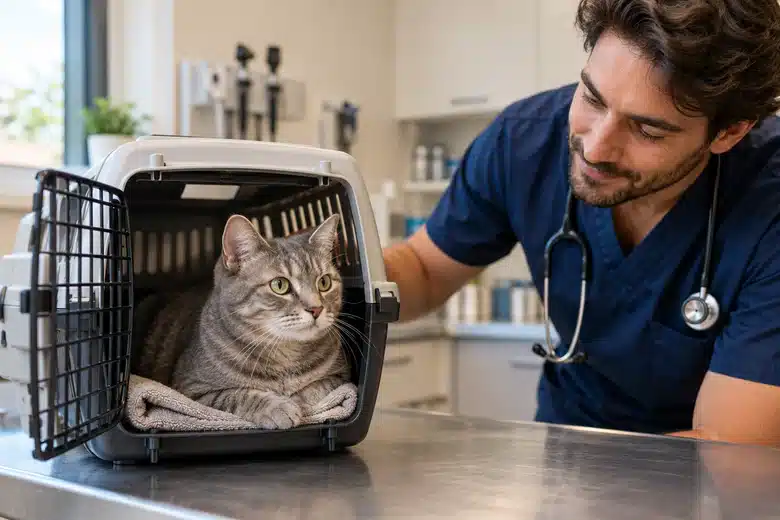 Tabby cat in an open carrier beside a veterinary professional