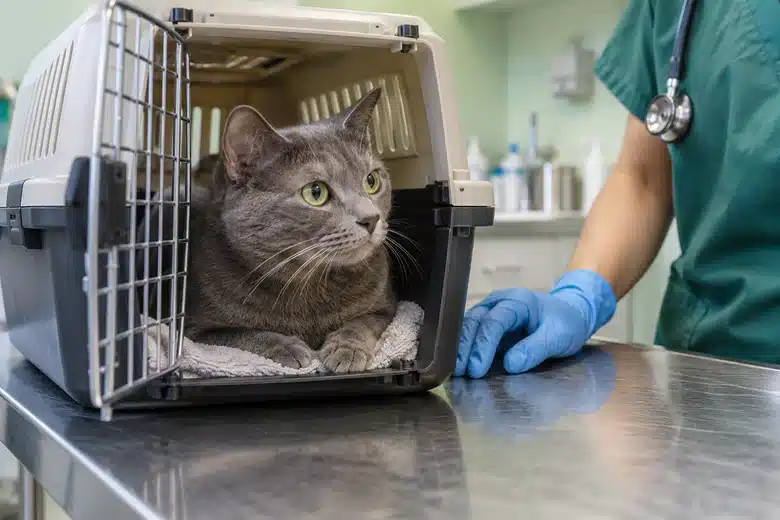 Gray cat in an open carrier beside a gloved veterinary hand