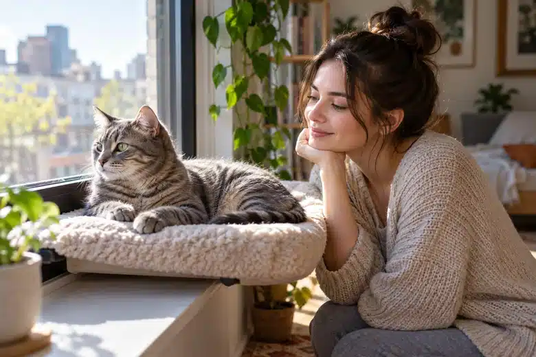 Indoor tabby cat beside its owner at a window