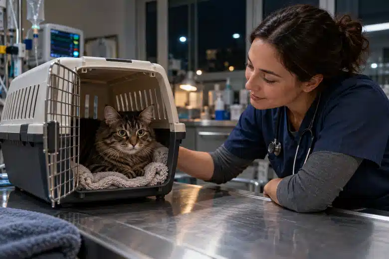 Calm cat in carrier beside a veterinary triage professional