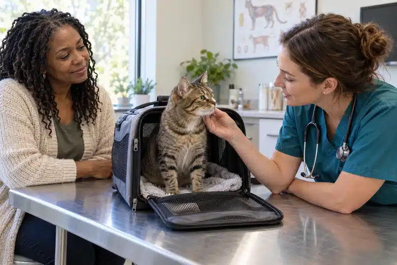 Tabby cat in an open carrier with veterinarian and owner