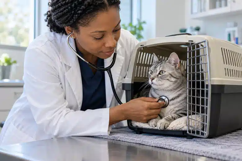 A silver tabby rests in a carrier while a veterinarian listens to its chest
