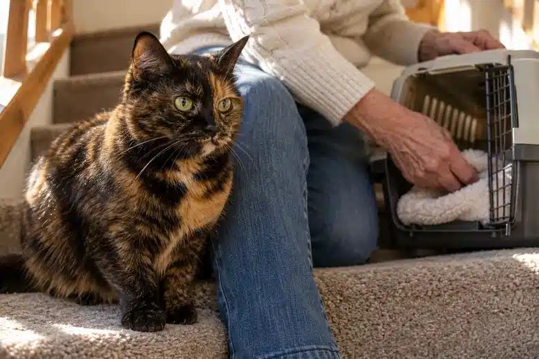 Tortoiseshell cat on stairs beside an owner preparing a carrier