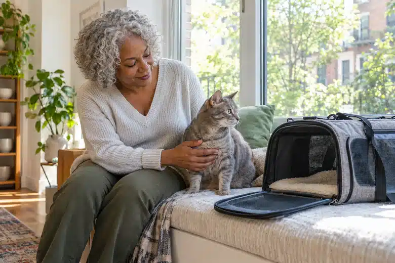 Gray tabby cat beside an open fabric carrier while an older woman sits at a bright apartment window