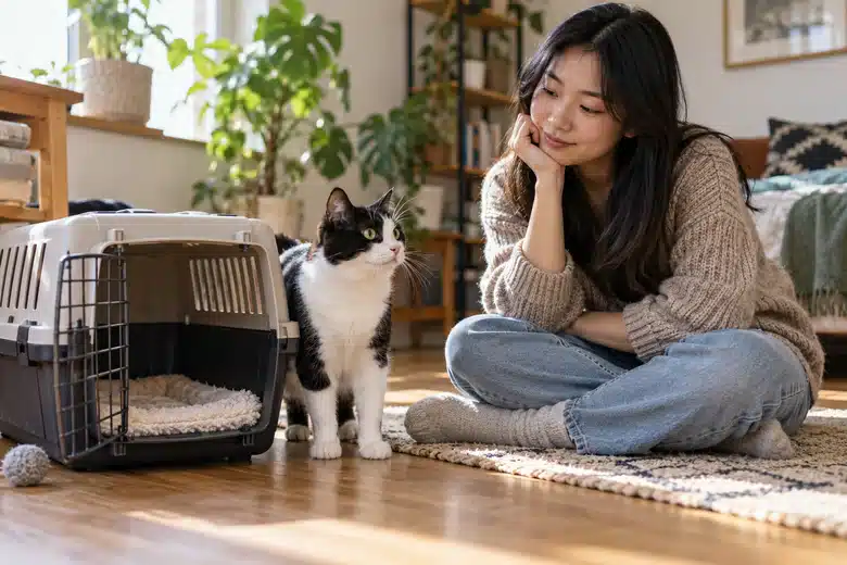 Illustrative scene: cat and owner beside a carrier at home