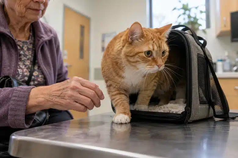 Orange cat emerges from a carrier onto a clinic examination table