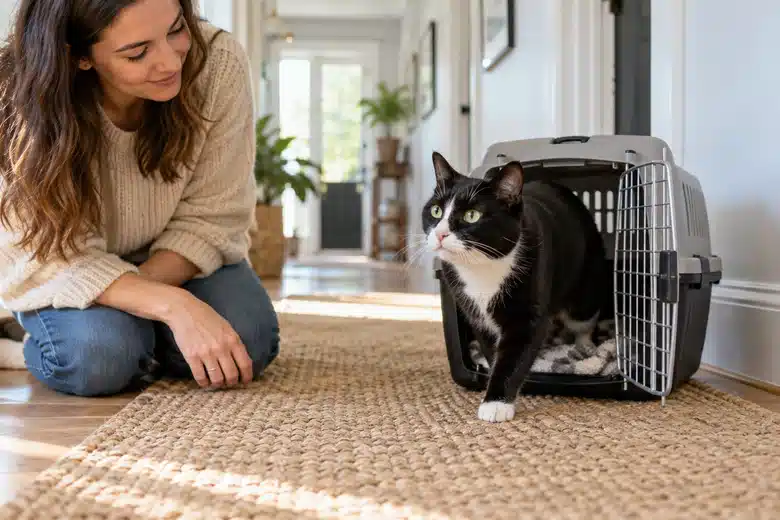 Tuxedo cat emerging from a carrier while its owner kneels in a bright hallway