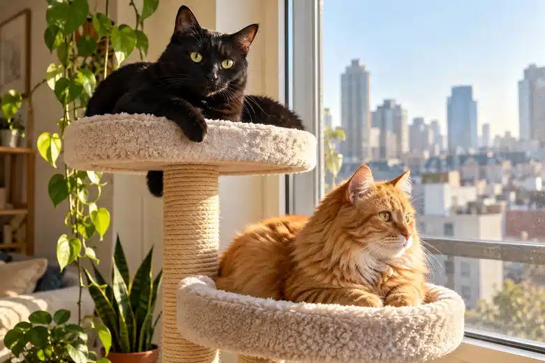 Black and orange cats on separate levels of a window cat tree