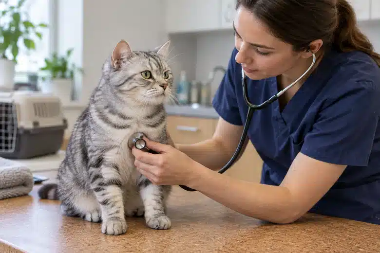 Silver tabby receiving a calm veterinary examination