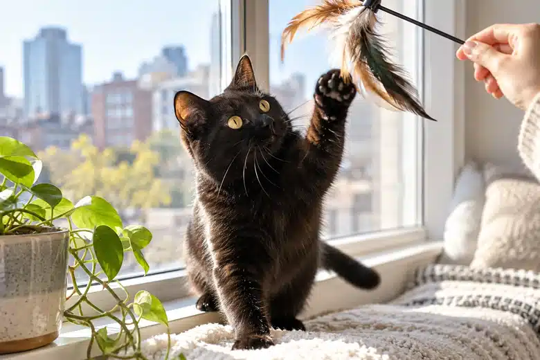 Black cat playing on an apartment windowsill