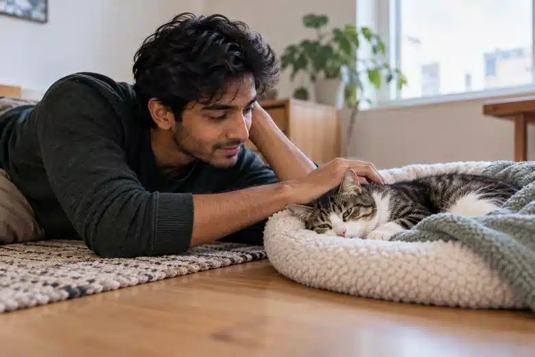 Man sits near a resting cat during quiet home recovery