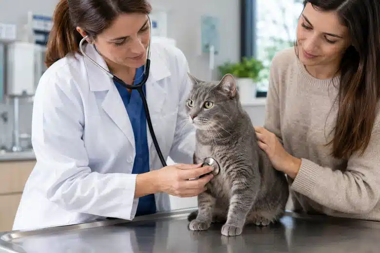 Gray cat receiving a calm veterinary examination