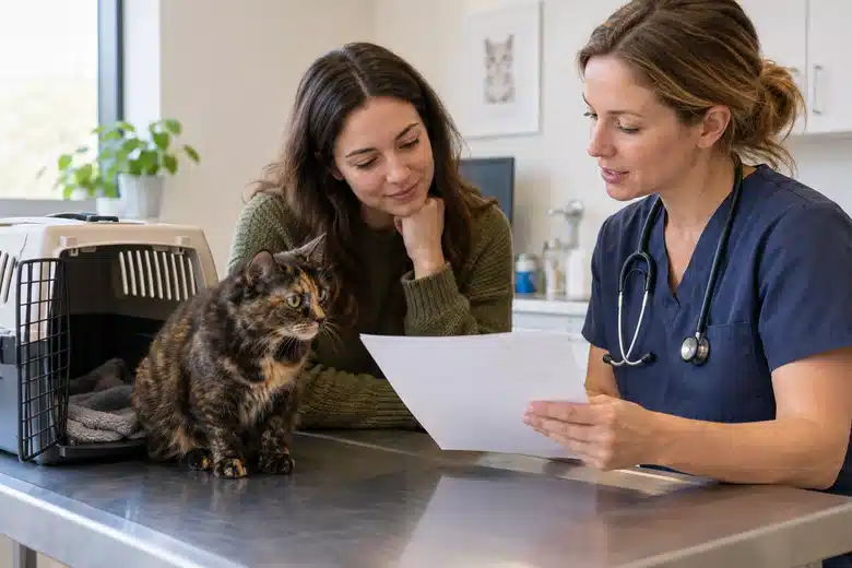 Tortoiseshell cat beside a carrier during a calm invoice discussion at a clinic