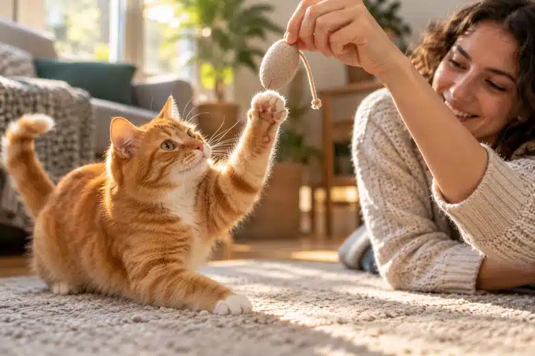 Orange cat reaching for a soft toy during play